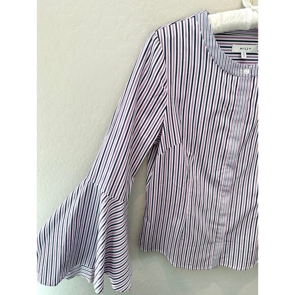MILLY | Striped Bell Sleeve Blouse Purple Navy Cotton Top | Size 8 - Picture 3 of 8